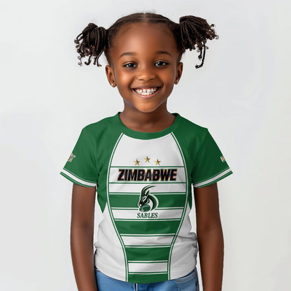 Custom Zimbabwe Rugby 3rd Africa Cup Kid T shirt The Sables Back-to-Back Champions