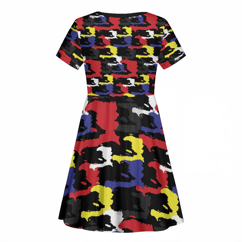 Haiti Map Camouflage Colorful Kid Short Sleeve Dress - African Pride