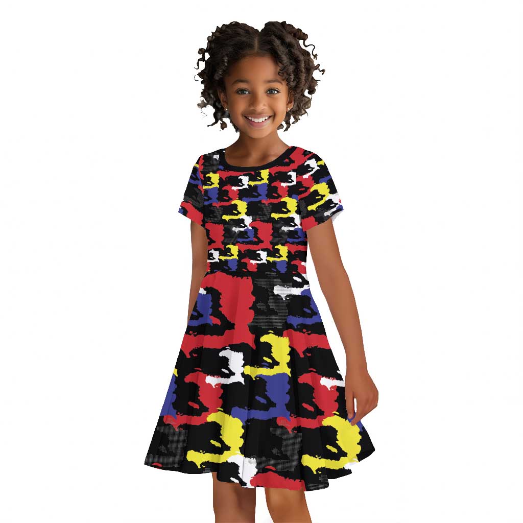 Haiti Map Camouflage Colorful Kid Short Sleeve Dress - African Pride