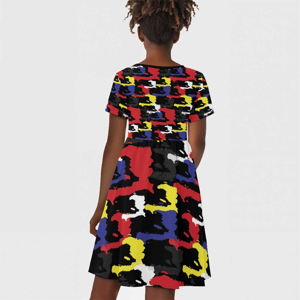 Haiti Map Camouflage Colorful Kid Short Sleeve Dress - African Pride