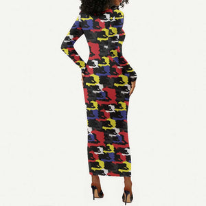 Haiti Map Camouflage Colorful Long Sleeve Bodycon Dress - African Pride