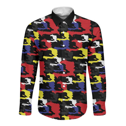 Haiti Map Camouflage Colorful Long Sleeve Button Shirt - African Pride