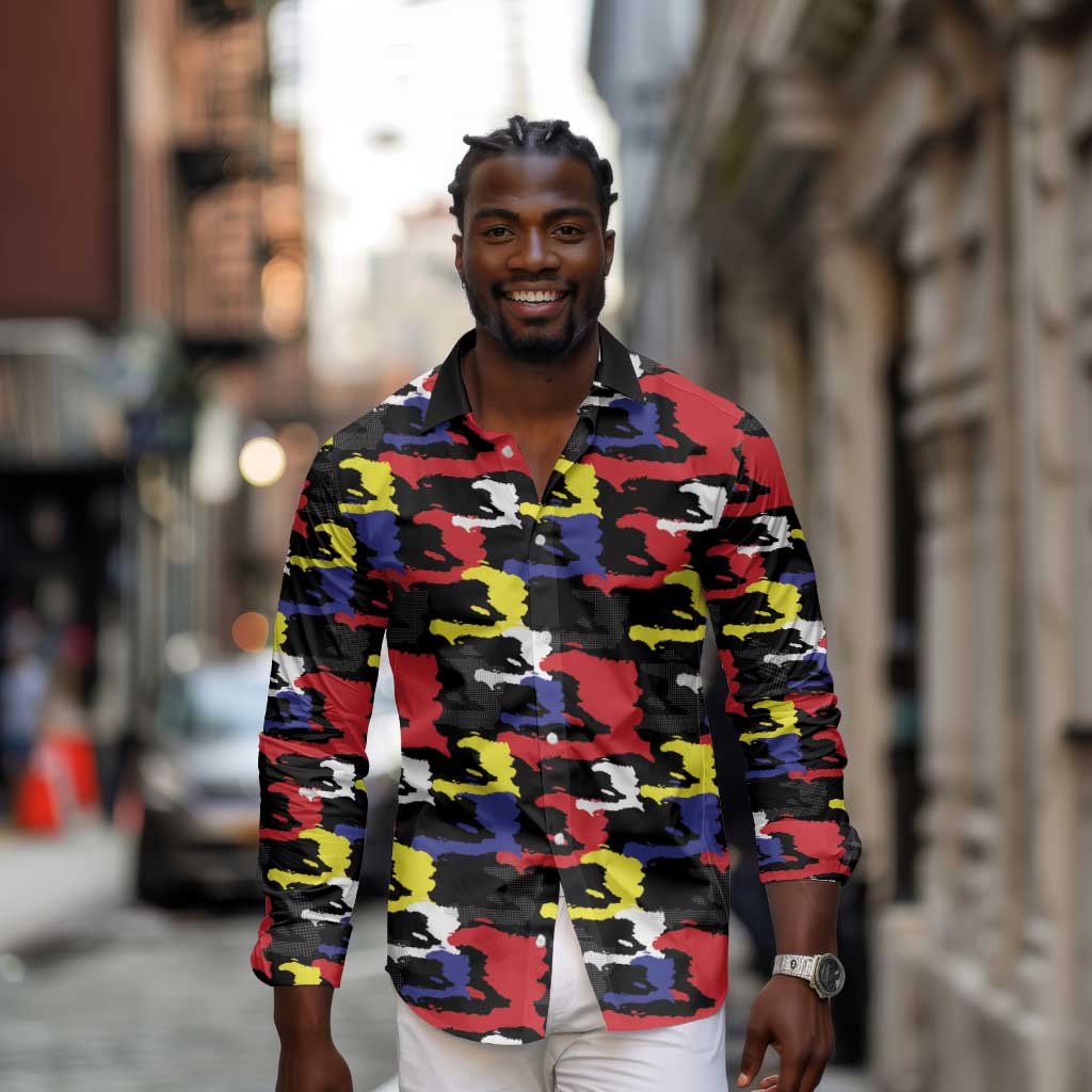 Haiti Map Camouflage Colorful Long Sleeve Button Shirt - African Pride