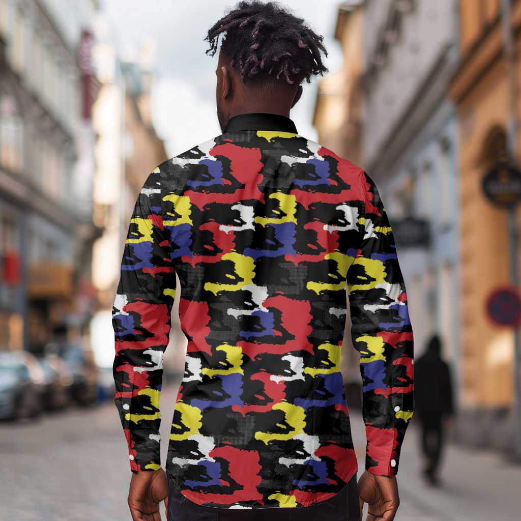 Haiti Map Camouflage Colorful Long Sleeve Button Shirt - African Pride