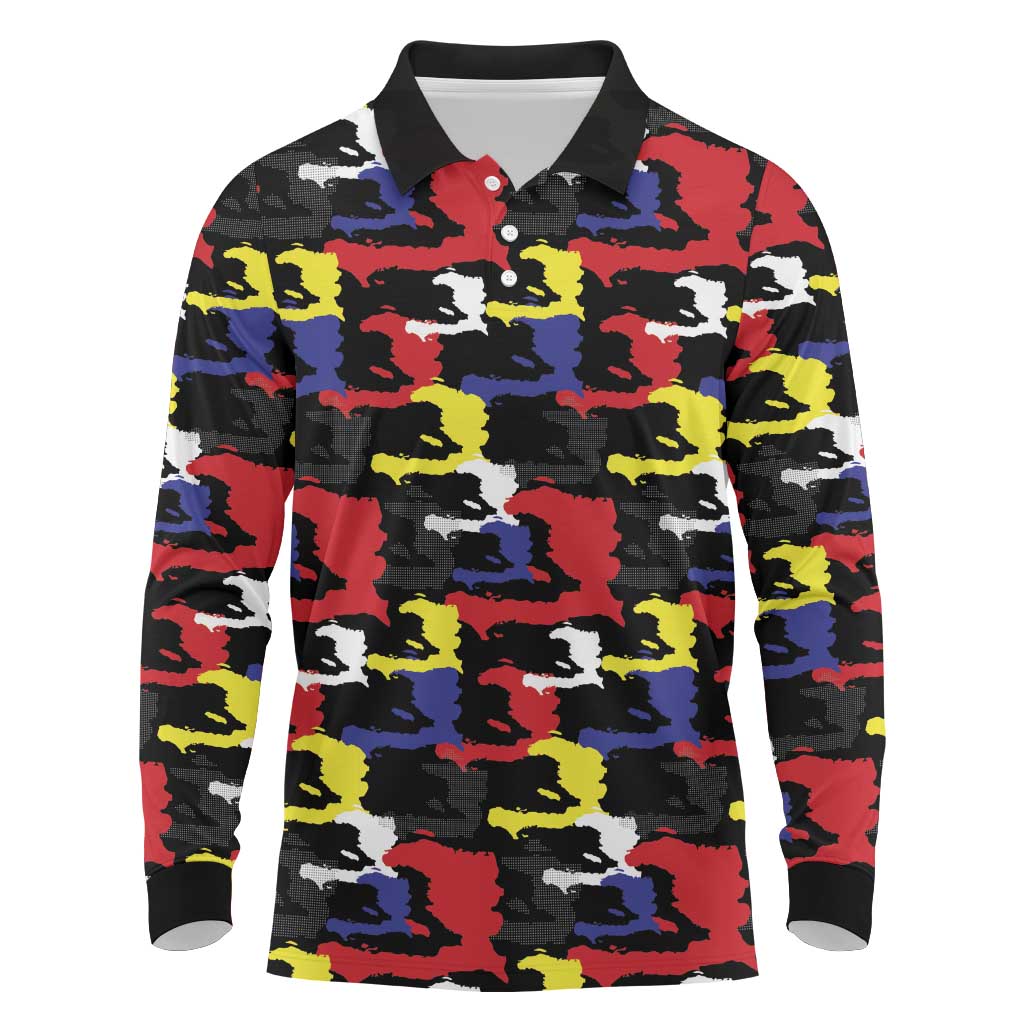 Haiti Map Camouflage Colorful Long Sleeve Polo Shirt - African Pride