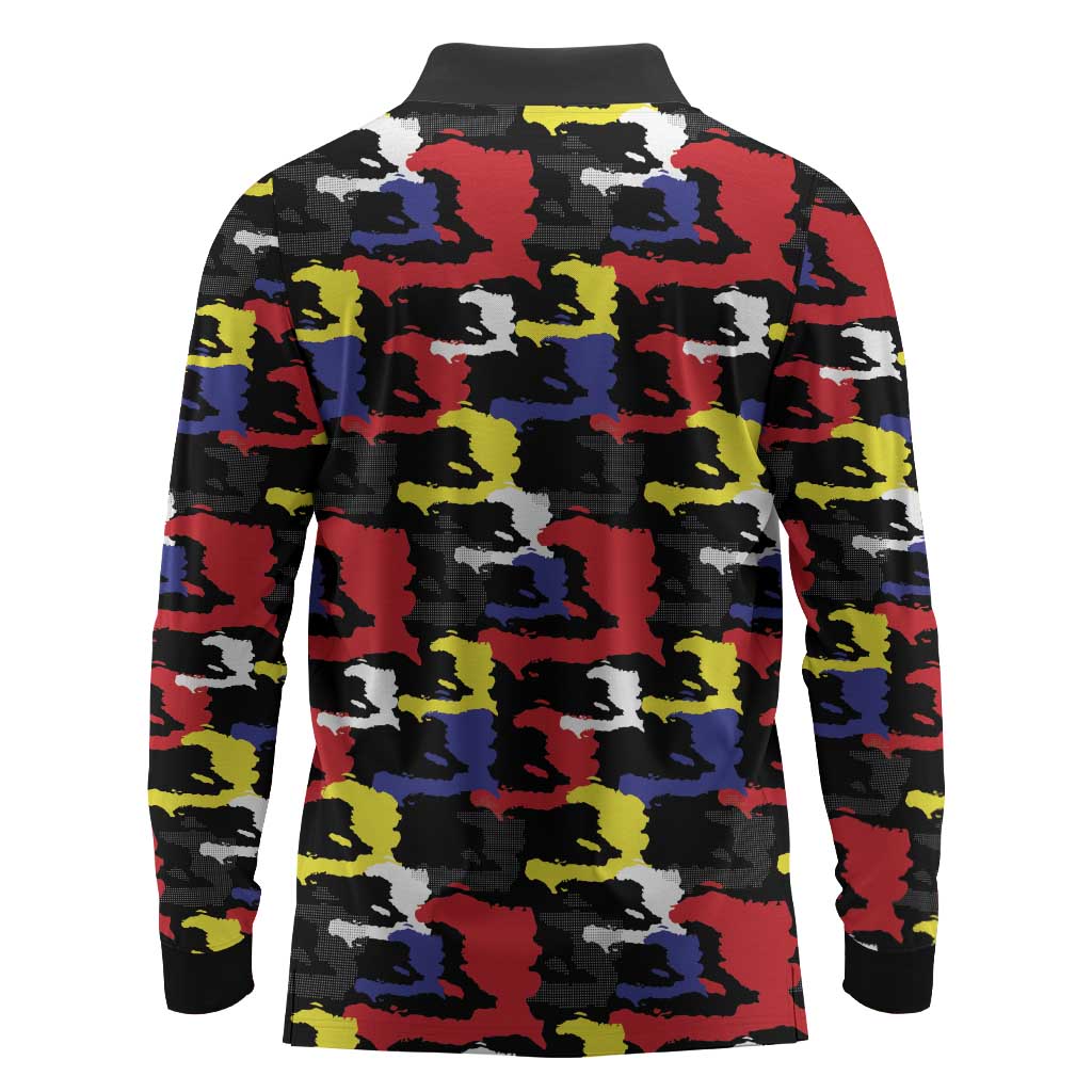 Haiti Map Camouflage Colorful Long Sleeve Polo Shirt - African Pride