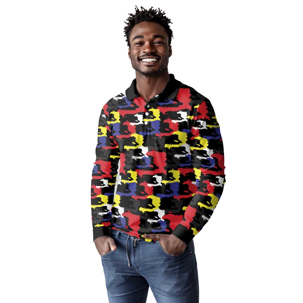 Haiti Map Camouflage Colorful Long Sleeve Polo Shirt - African Pride