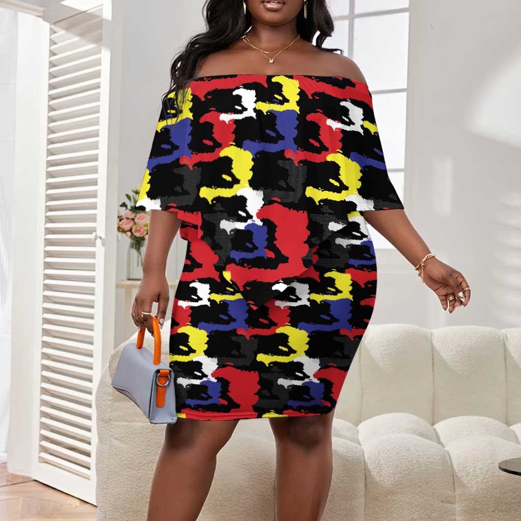 Haiti Map Camouflage Colorful Off Shoulder Short Dress - African Pride