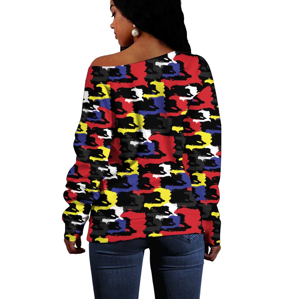 Haiti Map Camouflage Colorful Off Shoulder Sweater - African Pride