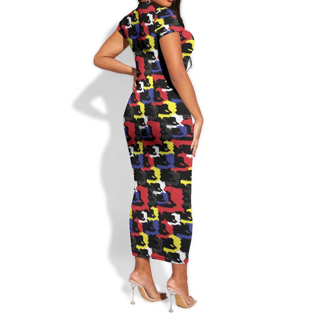 Haiti Map Camouflage Colorful Short Sleeve Bodycon Dress - African Pride