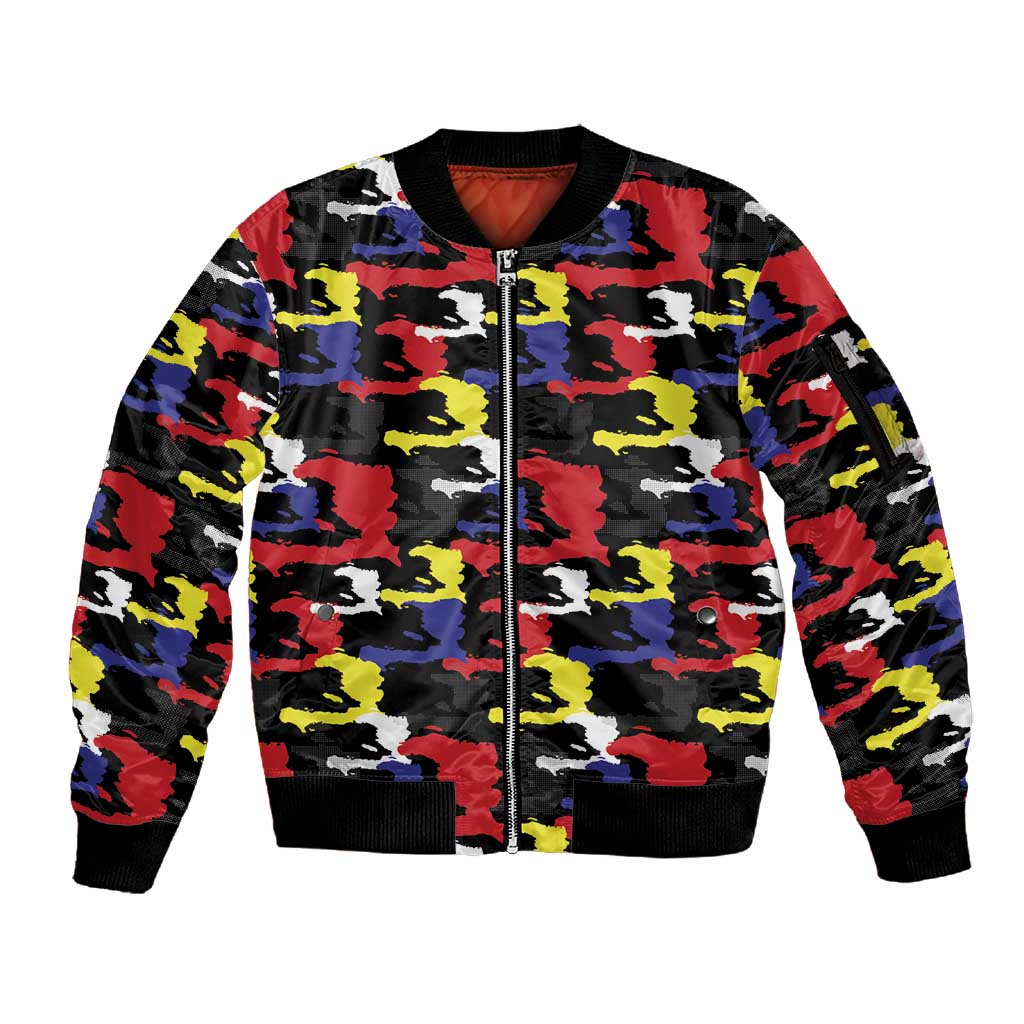 Haiti Map Camouflage Colorful Sleeve Zip Bomber Jacket - African Pride