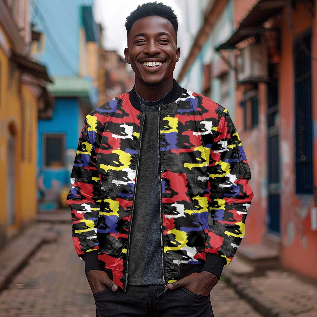 Haiti Map Camouflage Colorful Sleeve Zip Bomber Jacket - African Pride
