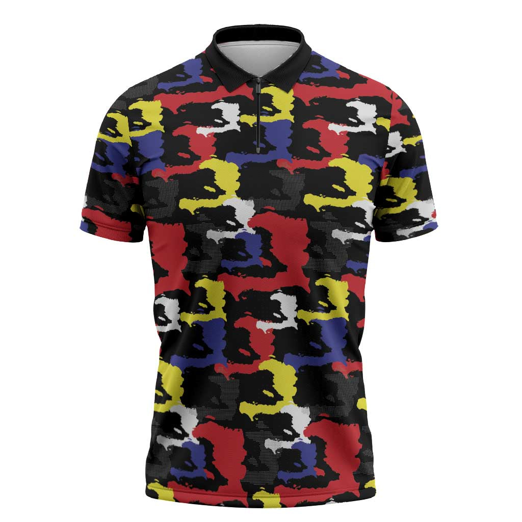 Haiti Map Camouflage Colorful Zipper Polo Shirt - African Pride