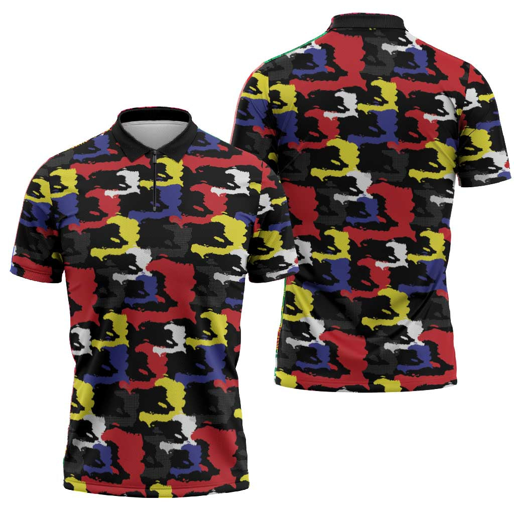 Haiti Map Camouflage Colorful Zipper Polo Shirt - African Pride