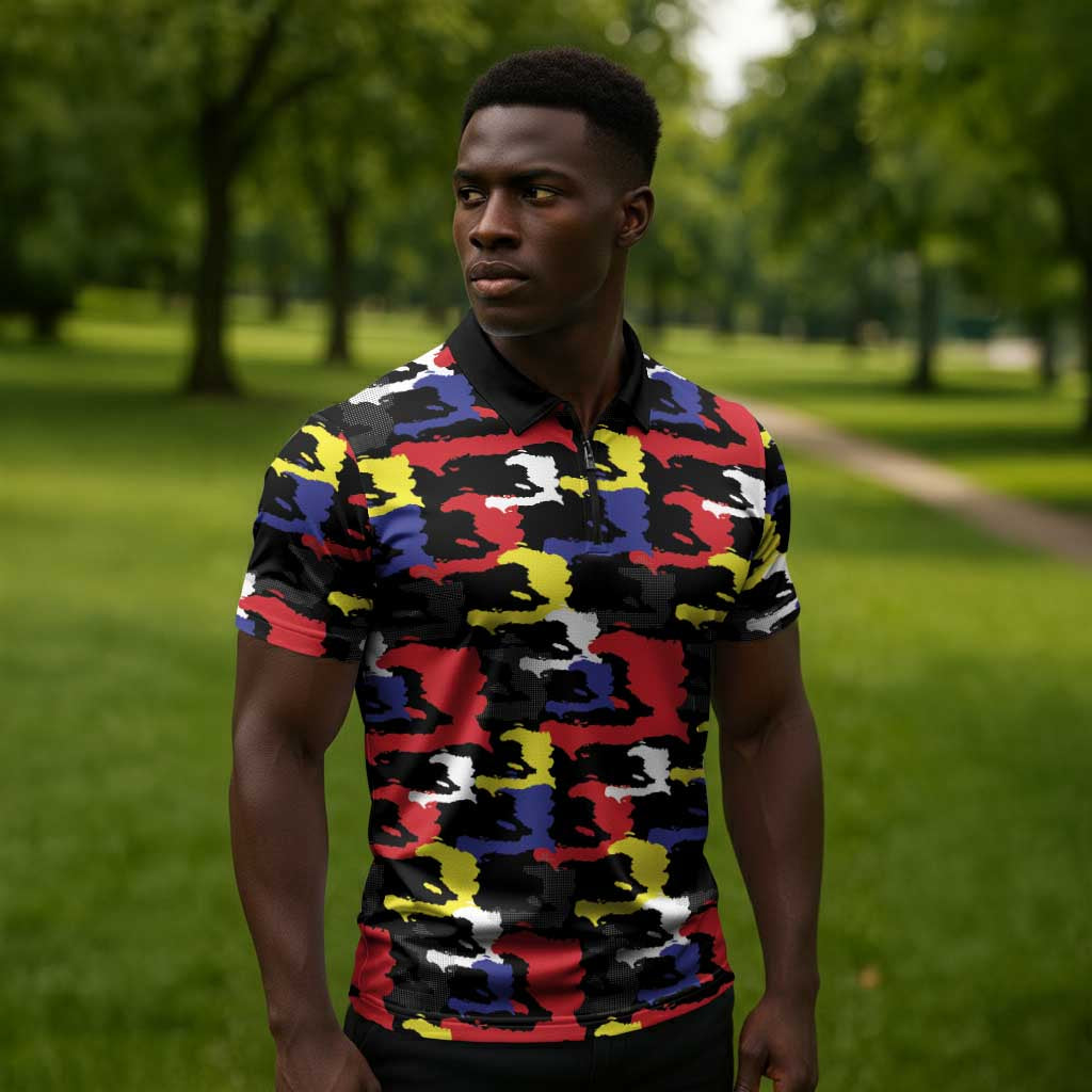Haiti Map Camouflage Colorful Zipper Polo Shirt - African Pride