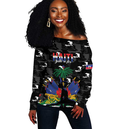 Personalized Haiti Map Camouflage Off Shoulder Sweater Unique Style - African Pride