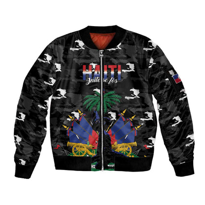 Personalized Haiti Map Camouflage Sleeve Zip Bomber Jacket Unique Style - African Pride