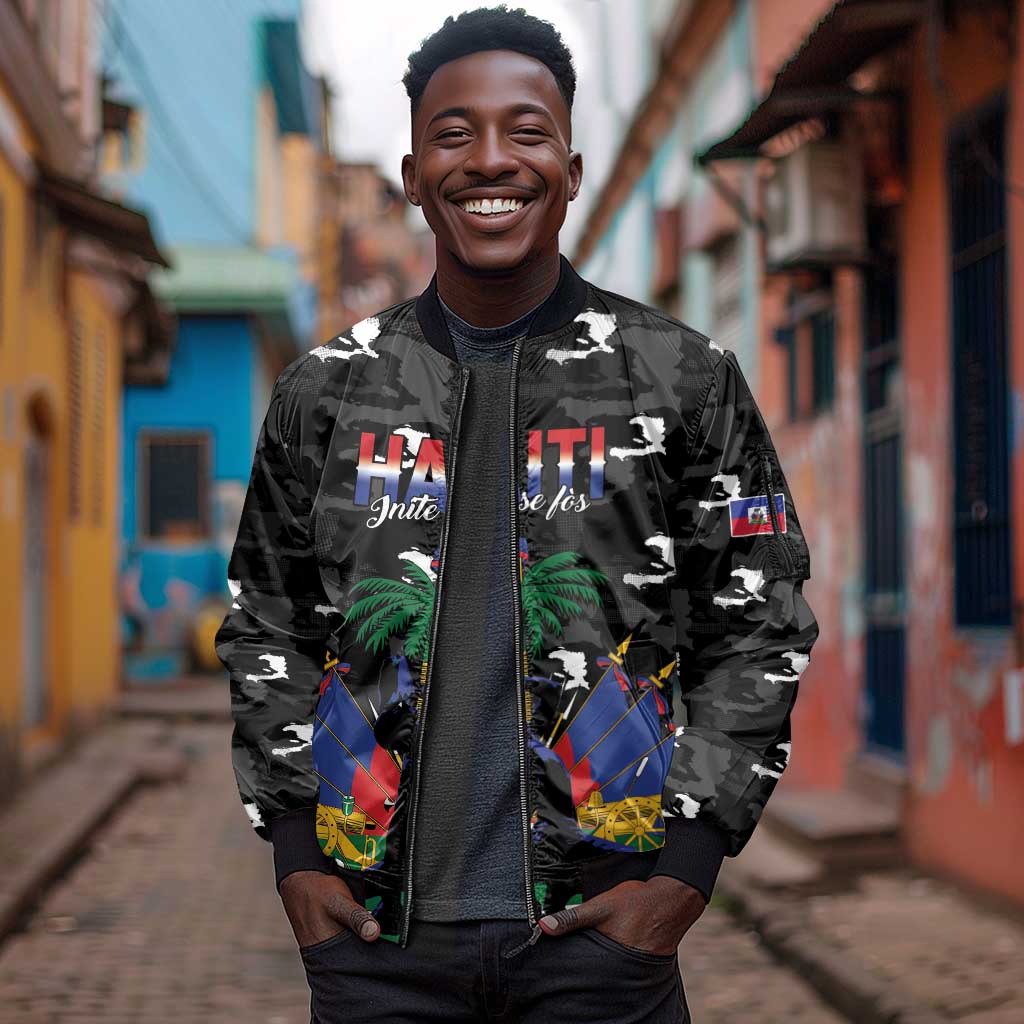 Personalized Haiti Map Camouflage Sleeve Zip Bomber Jacket Unique Style - African Pride