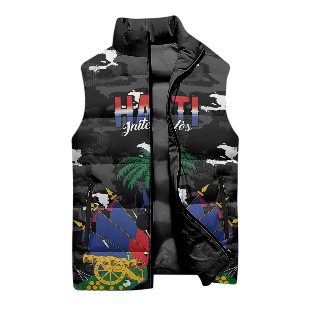 Personalized Haiti Map Camouflage Sleeveless Puffer Jacket Unique Style - African Pride