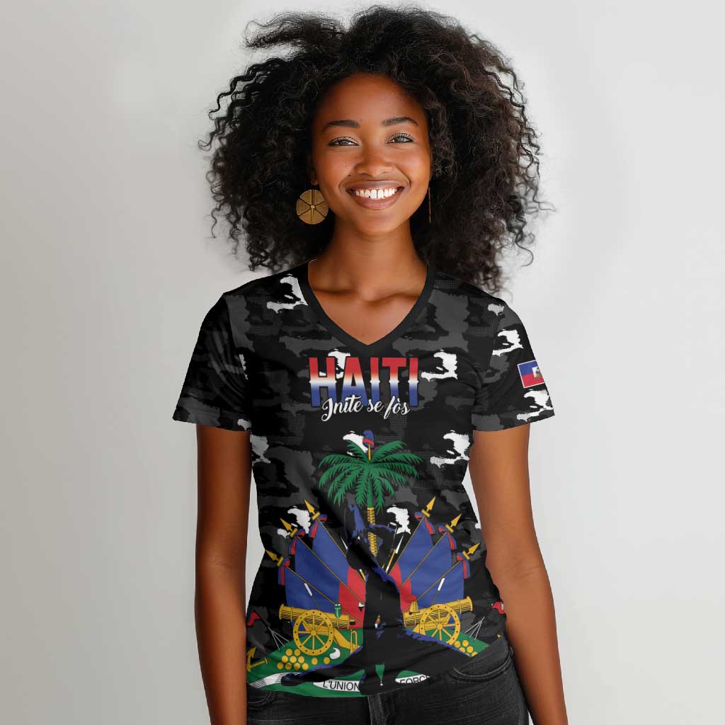 Personalized Haiti Map Camouflage Women V-Neck T-Shirt Unique Style - African Pride
