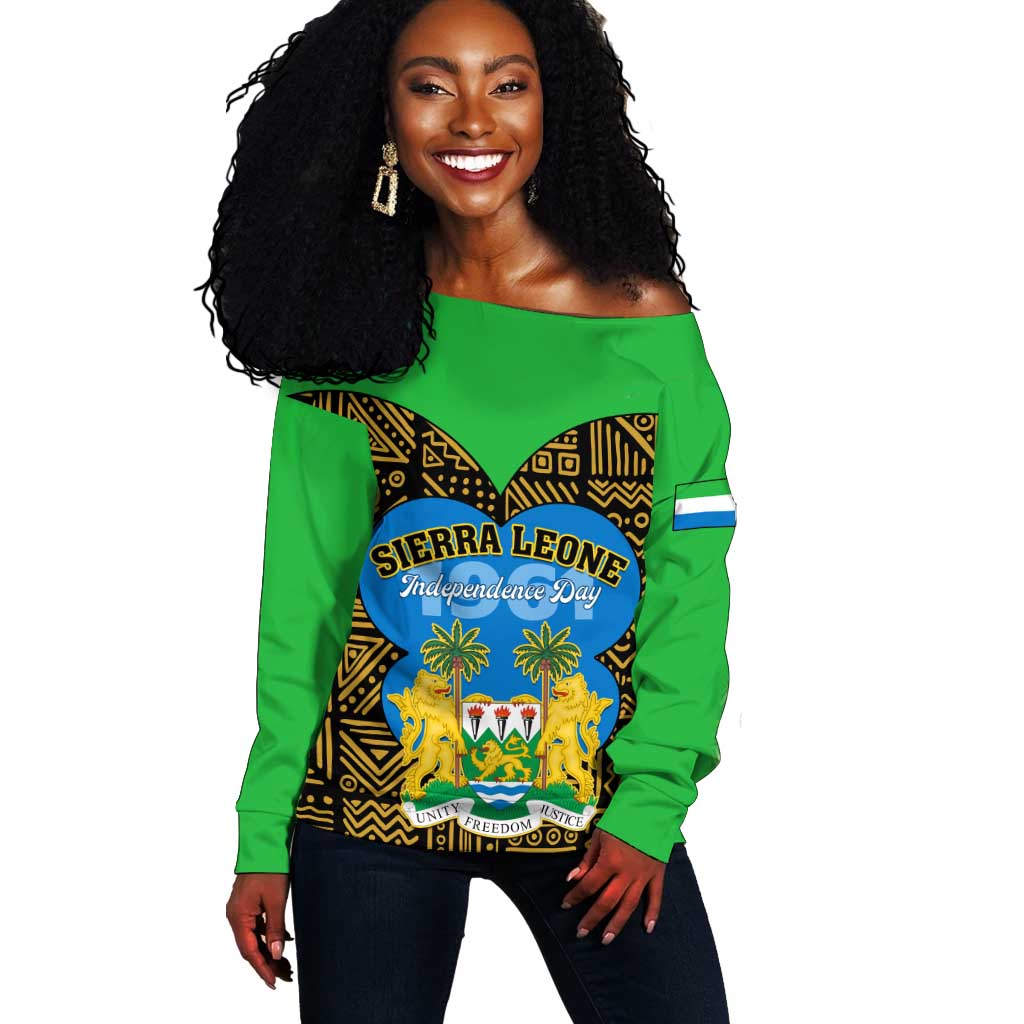 Sierra Leone Independence Day 2024 Off Shoulder Sweater Happy 63rd Anniversary African Pattern