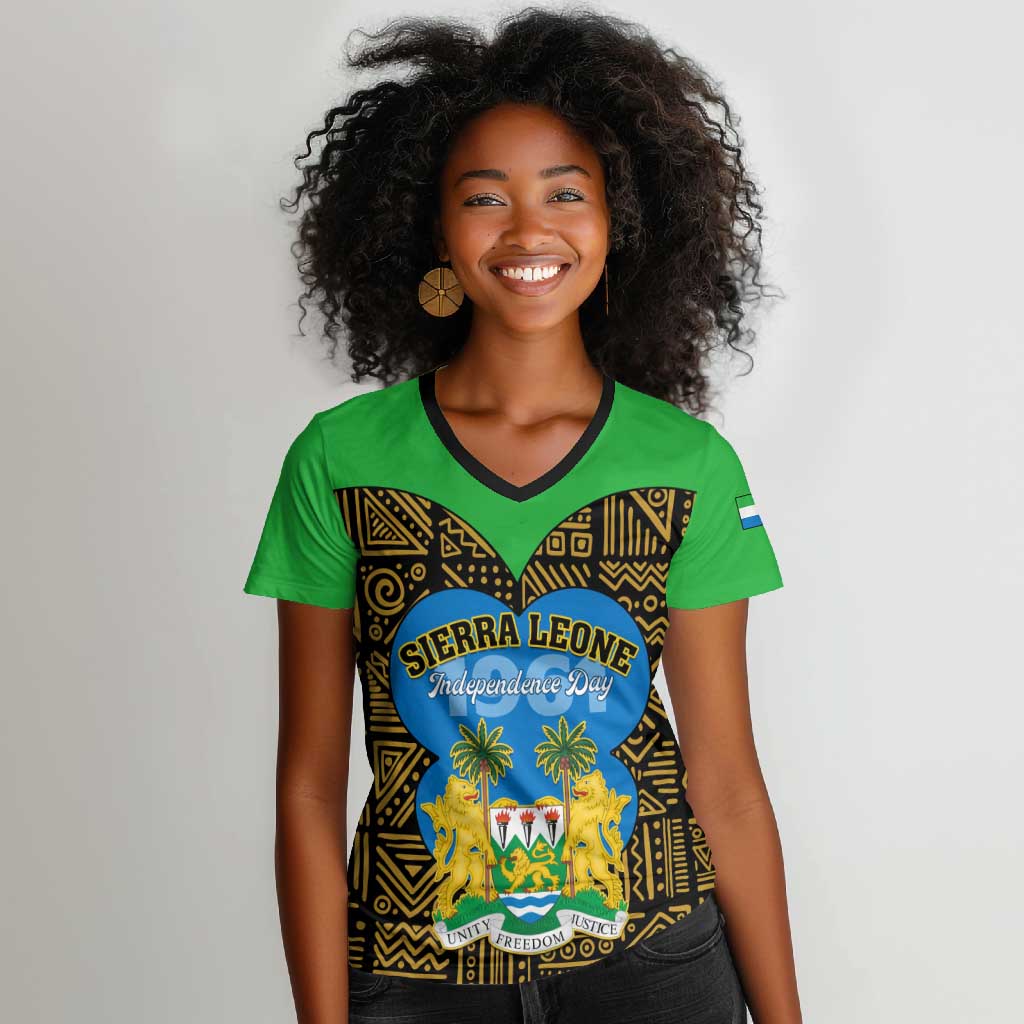 Sierra Leone Independence Day 2024 Women V-Neck T-Shirt Happy 63rd Anniversary African Pattern