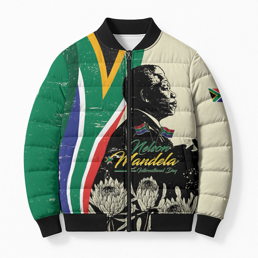 Personalized Nelson Mandela Day Bomber Puffer Jacket South Africa Vintage Stylized