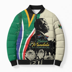 Personalized Nelson Mandela Day Bomber Puffer Jacket South Africa Vintage Stylized