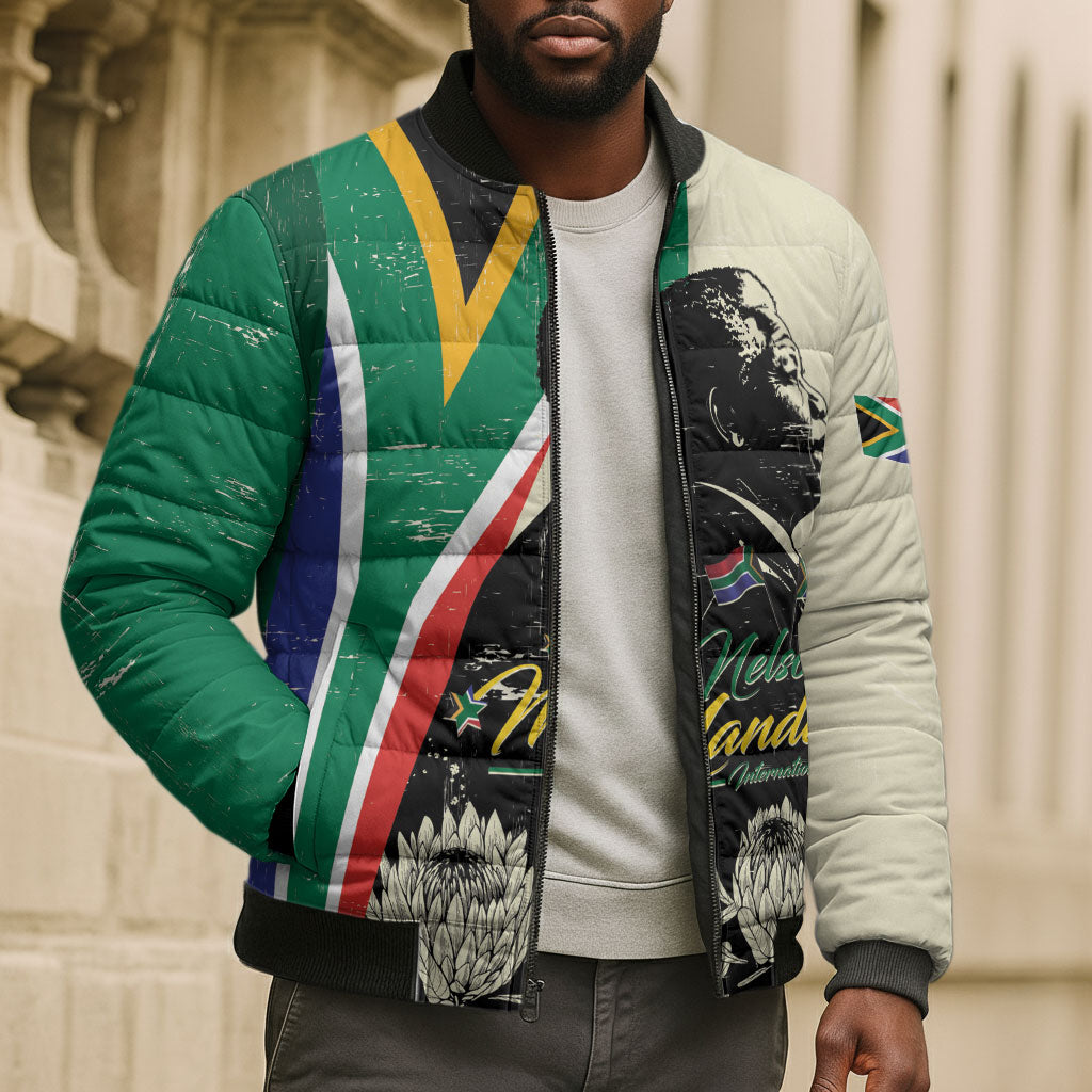 Personalized Nelson Mandela Day Bomber Puffer Jacket South Africa Vintage Stylized