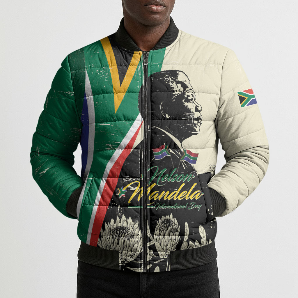 Personalized Nelson Mandela Day Bomber Puffer Jacket South Africa Vintage Stylized
