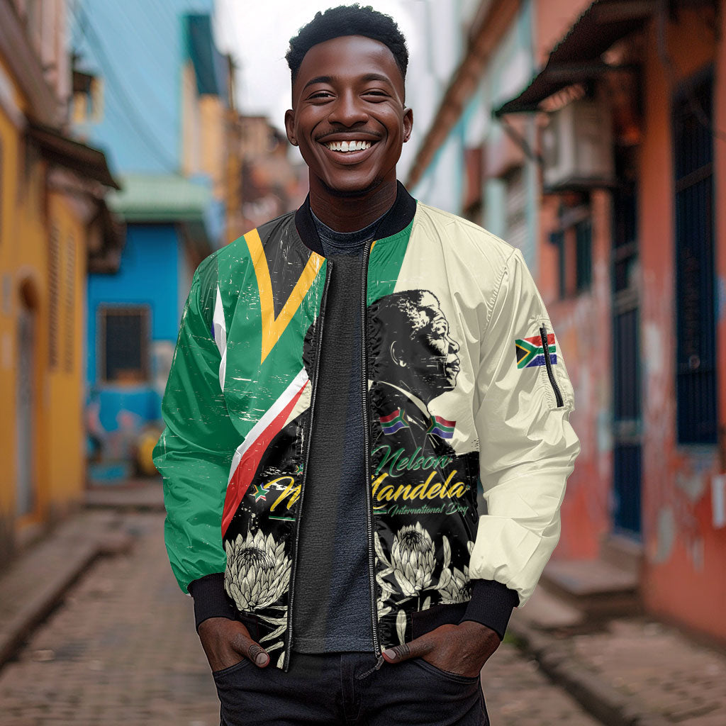 Personalized Nelson Mandela Day Sleeve Zip Bomber Jacket South Africa Vintage Stylized