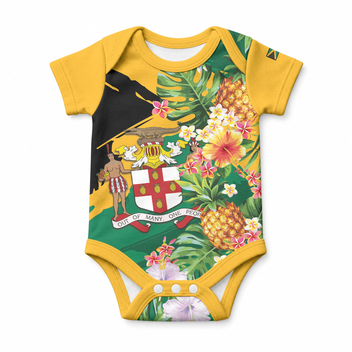 Personalized Jamaica Pineapple Baby Onesie Coat of Arms Tropical Flowers