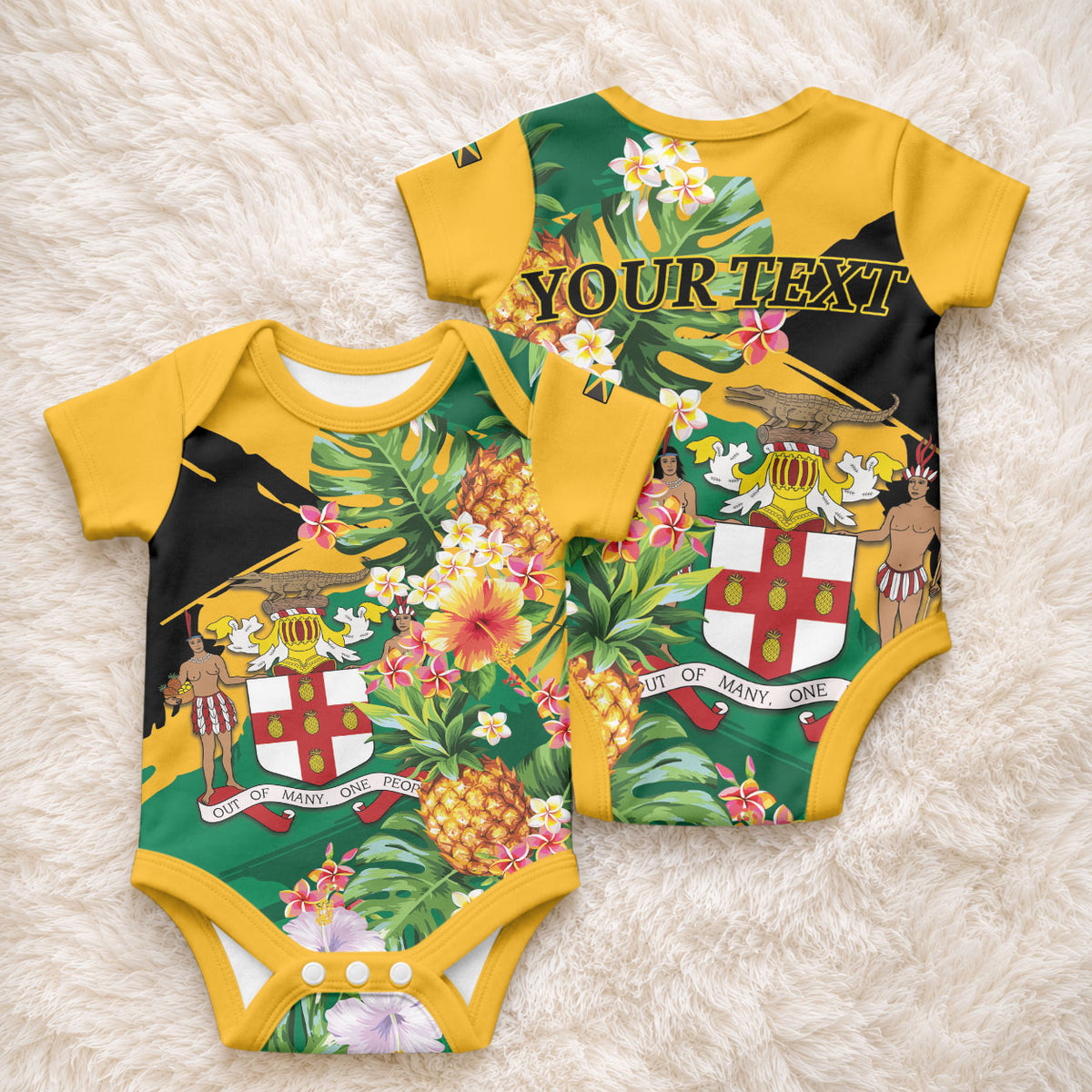 Personalized Jamaica Pineapple Baby Onesie Coat of Arms Tropical Flowers