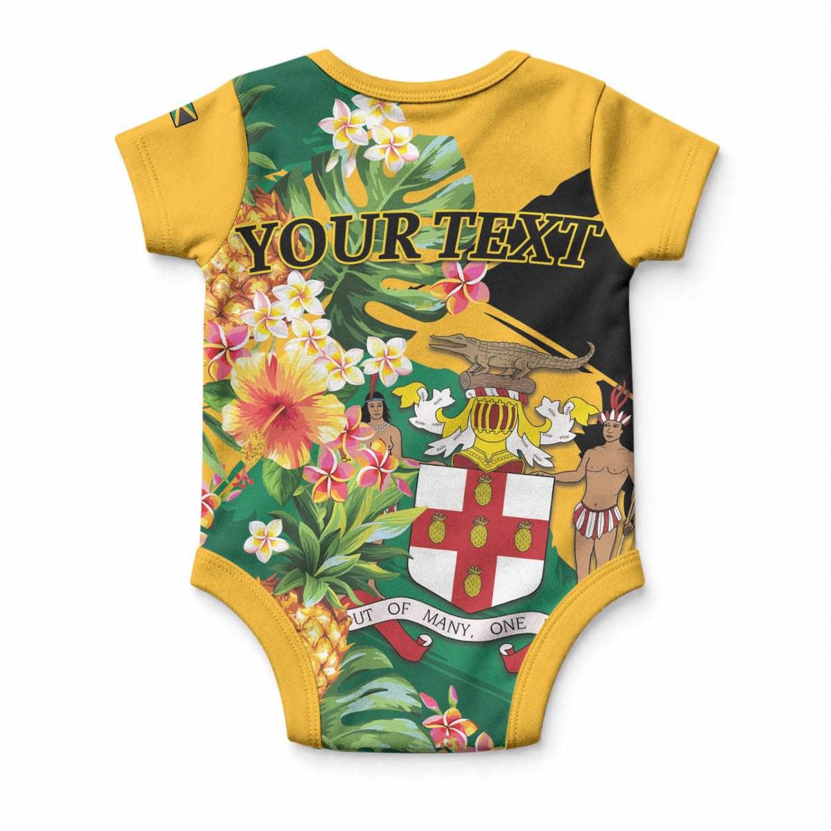 Personalized Jamaica Pineapple Baby Onesie Coat of Arms Tropical Flowers