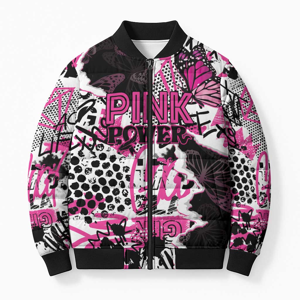 Personalized Pink Power Graffiti Bomber Puffer Jacket Breast Cancer Awareness