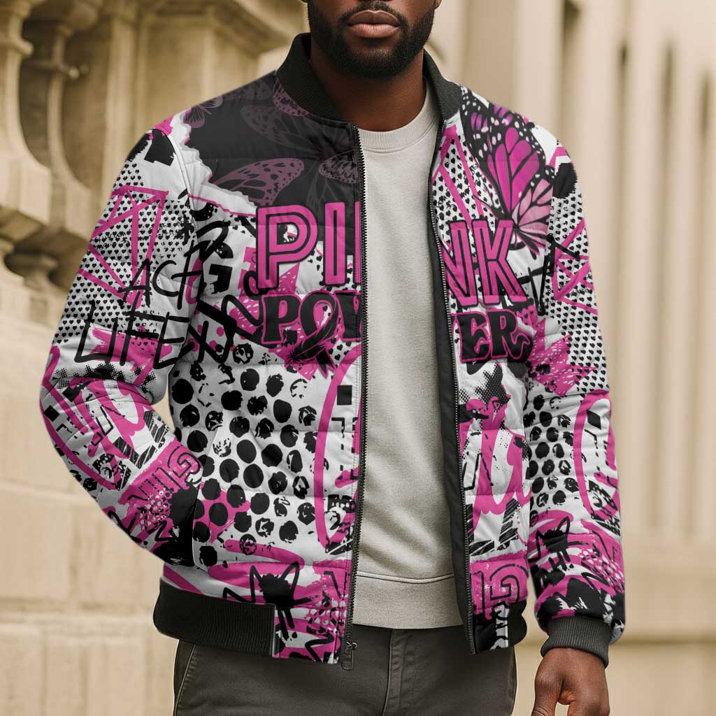 Personalized Pink Power Graffiti Bomber Puffer Jacket Breast Cancer Awareness