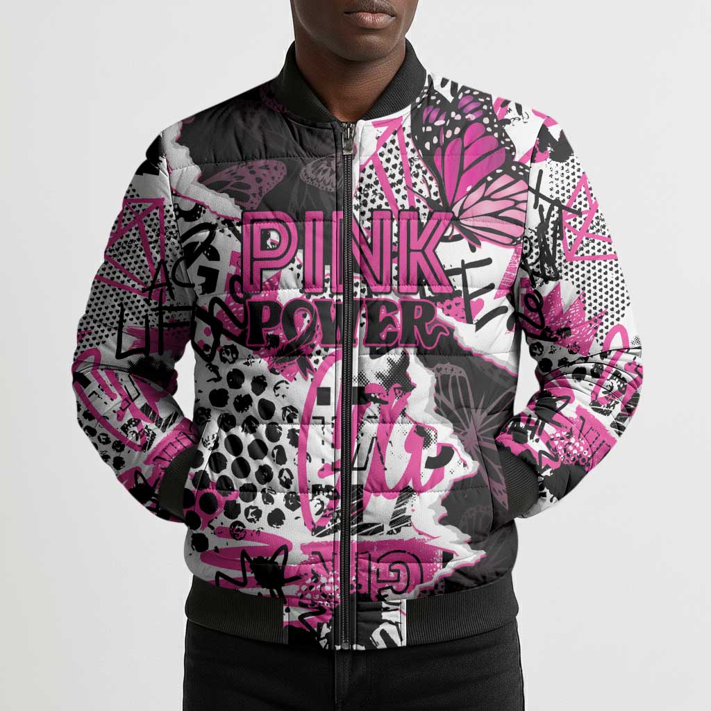 Personalized Pink Power Graffiti Bomber Puffer Jacket Breast Cancer Awareness