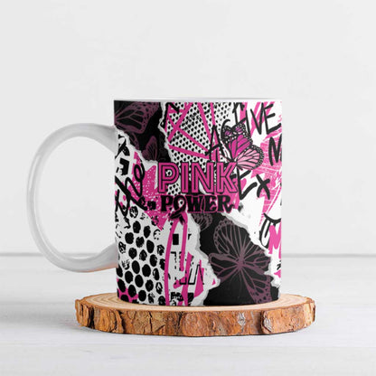 Personalized Pink Power Graffiti Ceramic Mug Breast Cancer Awareness