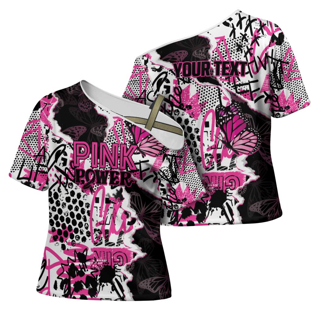 Personalized Pink Power Graffiti Cross Shoulder Shirt Breast Cancer Awareness