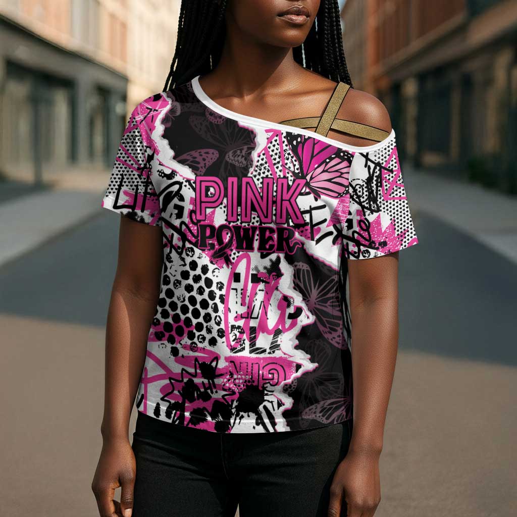 Personalized Pink Power Graffiti Cross Shoulder Shirt Breast Cancer Awareness