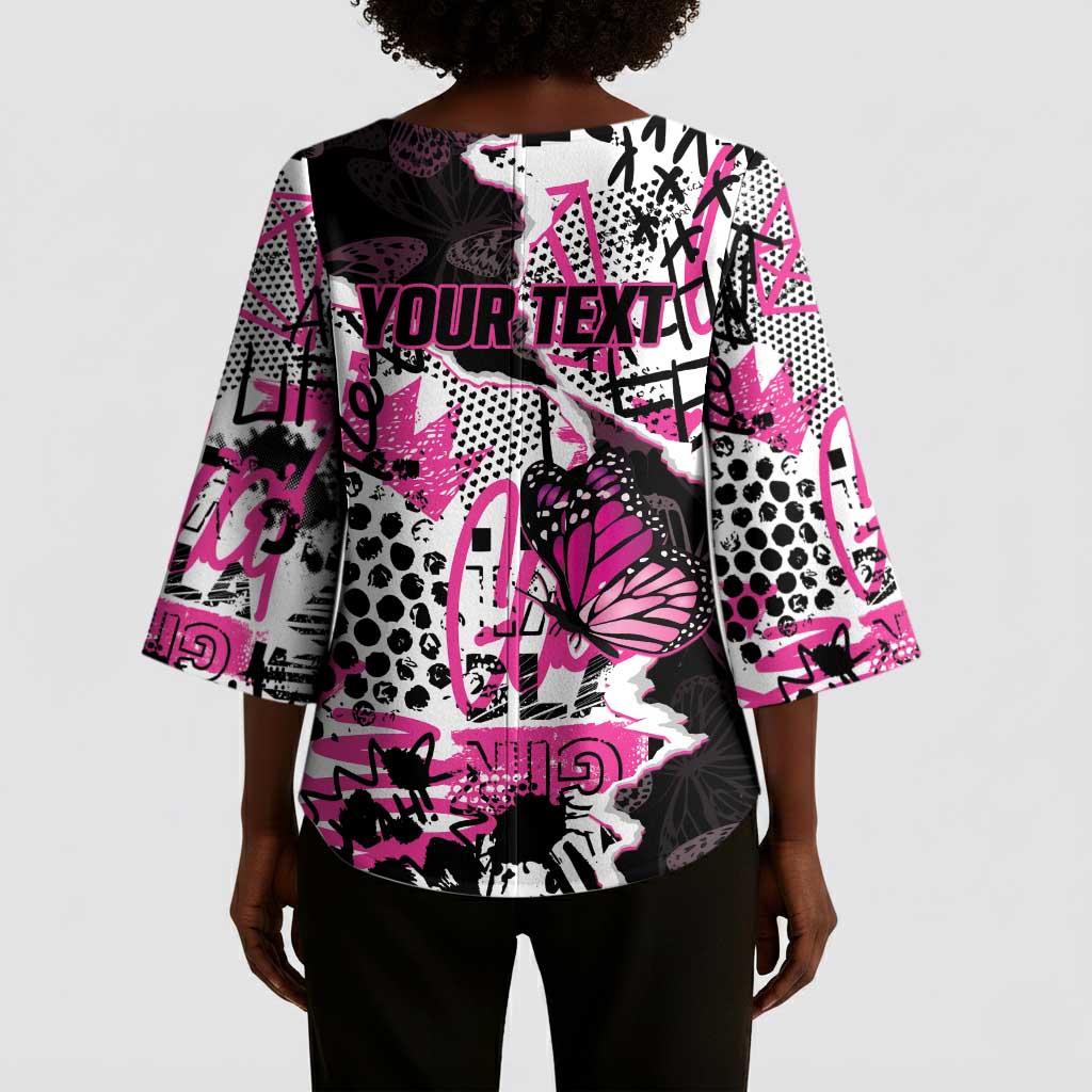 Personalized Pink Power Graffiti Kimono Sleeve Blouse Breast Cancer Awareness
