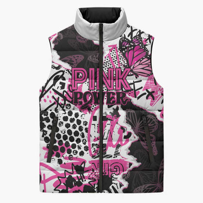 Personalized Pink Power Graffiti Sleeveless Puffer Jacket Breast Cancer Awareness