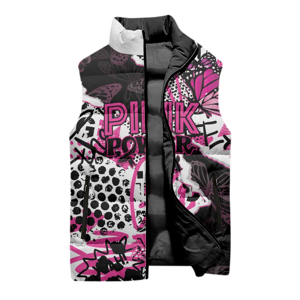 Personalized Pink Power Graffiti Sleeveless Puffer Jacket Breast Cancer Awareness