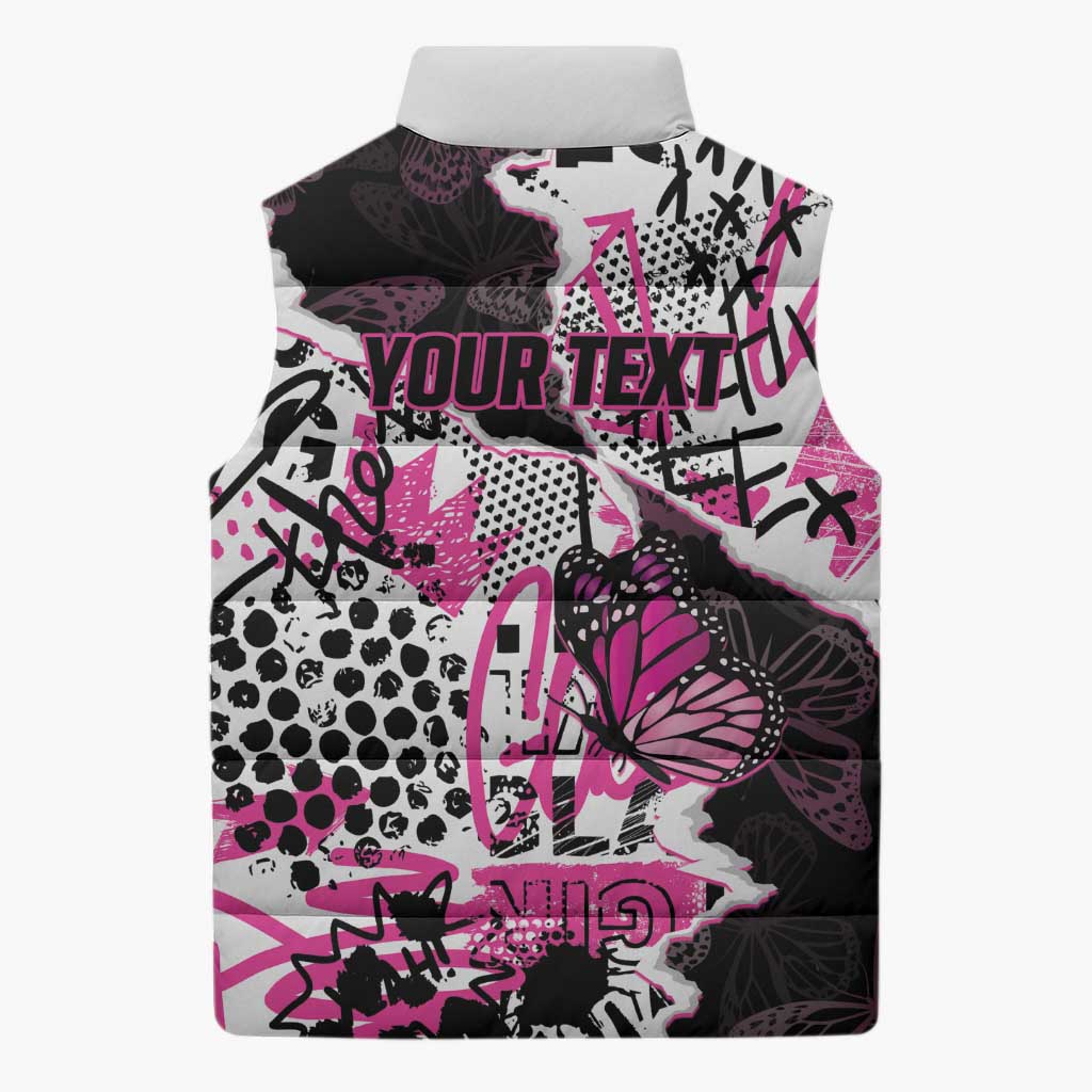Personalized Pink Power Graffiti Sleeveless Puffer Jacket Breast Cancer Awareness