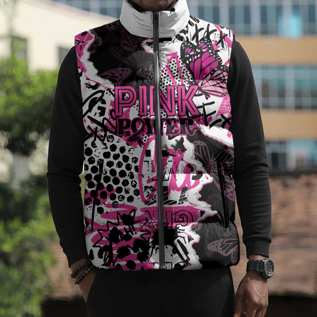 Personalized Pink Power Graffiti Sleeveless Puffer Jacket Breast Cancer Awareness
