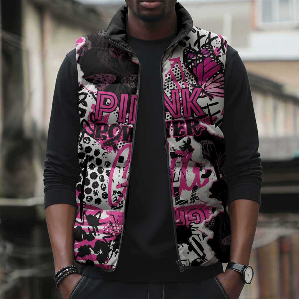 Personalized Pink Power Graffiti Sleeveless Puffer Jacket Breast Cancer Awareness