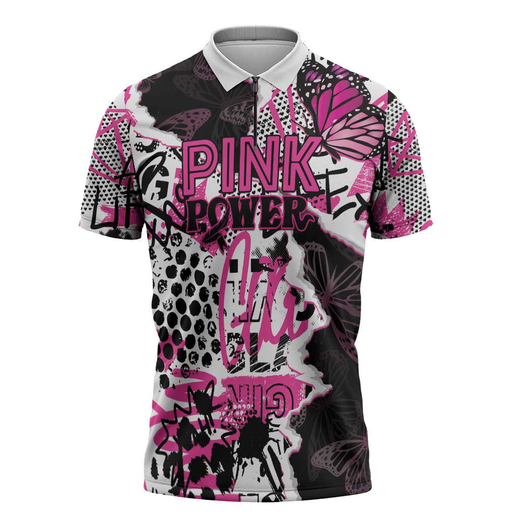 Personalized Pink Power Graffiti Zipper Polo Shirt Breast Cancer Awareness