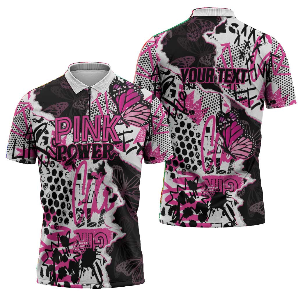 Personalized Pink Power Graffiti Zipper Polo Shirt Breast Cancer Awareness