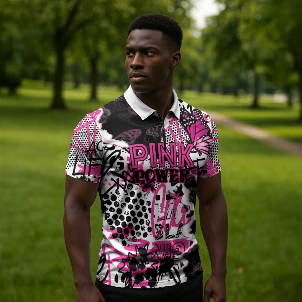 Personalized Pink Power Graffiti Zipper Polo Shirt Breast Cancer Awareness