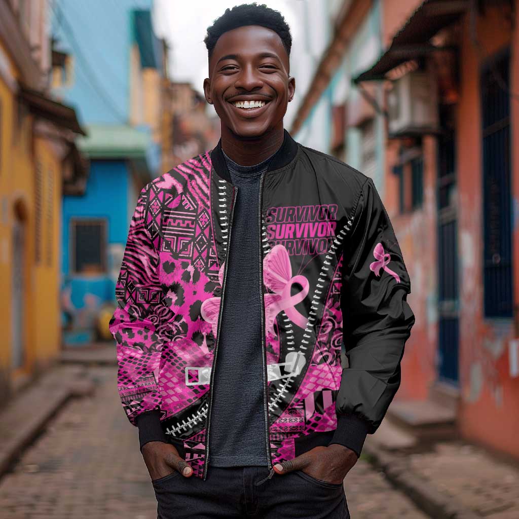 Pink Ribbon Animals Skin African Mixed Bomber Jacket Zipper Stylized - African Pride
